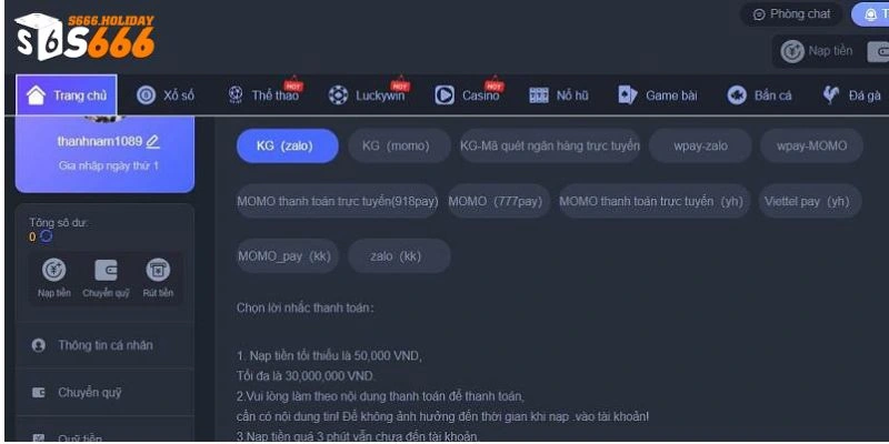 Điều kiện nạp tiền tại nhà cái S666