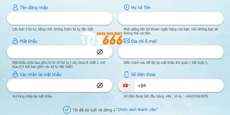 Biểu mẫu đăng ký tài khoản tại S666